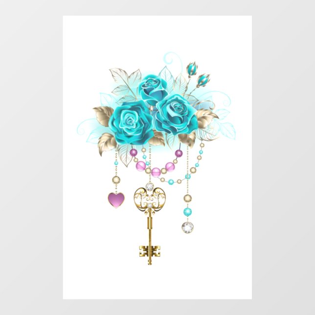 Turquoise Roses with Keys Window Cling (Sheet)