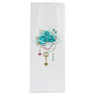 Turquoise Roses with Keys Wine Gift Bag