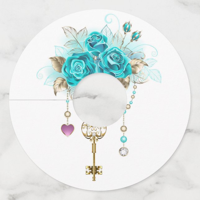 Turquoise Roses with Keys Wine Glass Tag (Front)