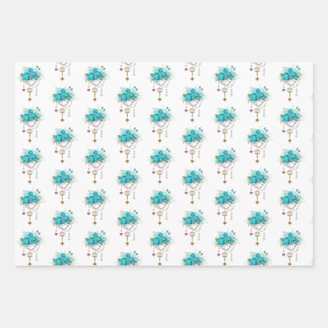 Turquoise Roses with Keys Wrapping Paper Sheet (Front)