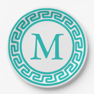 Turquoise Round Greek Key Border Monogram Paper Plate