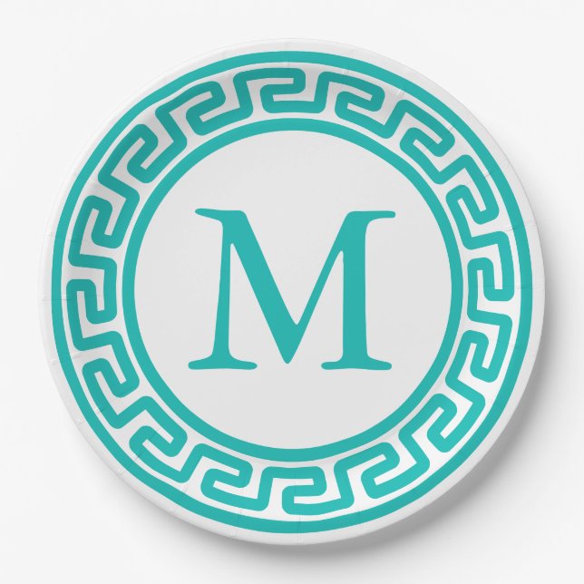 Turquoise Round Greek Key Border Monogram Paper Plate (Front)