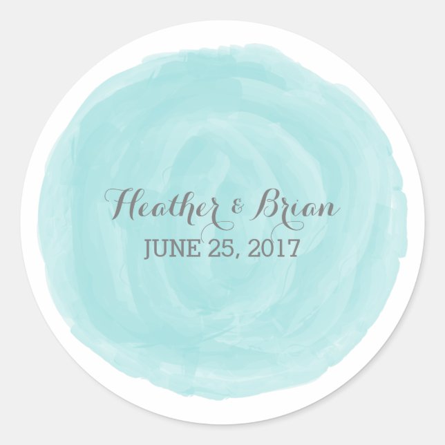 Turquoise Round Watercolor Wedding Stickers (Front)