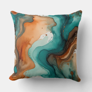 Turquoise, rust and black watercolor abstract cushion