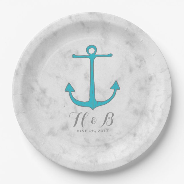 Turquoise Rustic Anchor Wedding Paper Plate (Front)