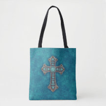 Turquoise Rustic Cross Tote Bag