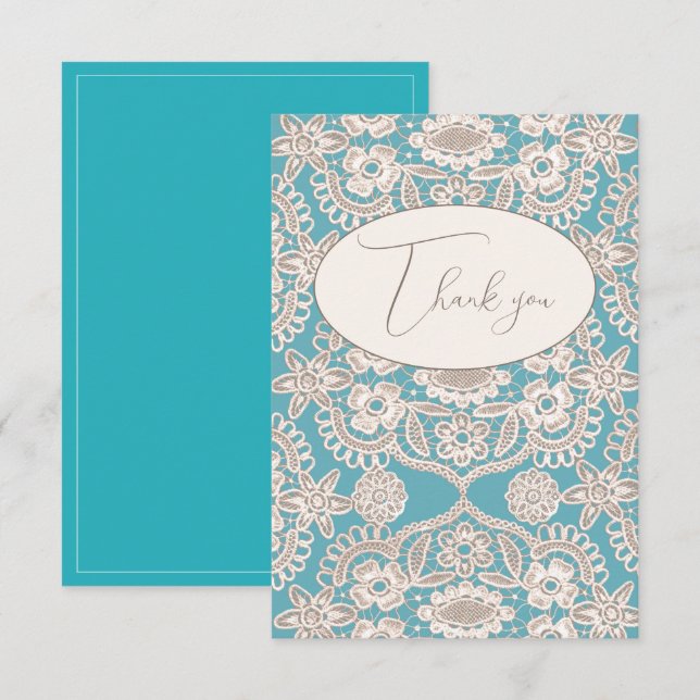 Turquoise Rustic Faux Lace Flat Thank You Card (Front/Back)