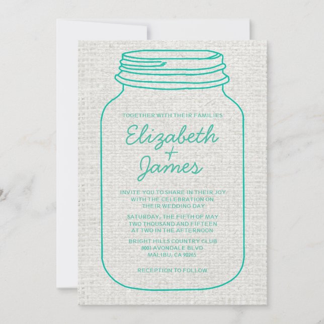 Turquoise Rustic Mason Jar Wedding Invitations (Front)