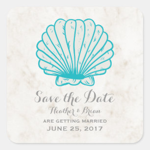 Turquoise Rustic Seashell Save the Date Square Sticker