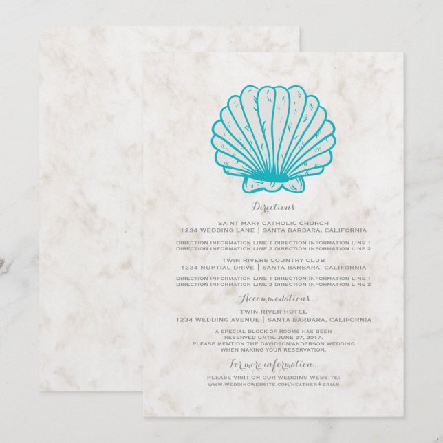 Turquoise Rustic Seashell Wedding Information Invitation (Front/Back)