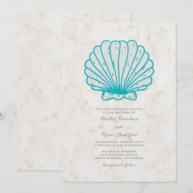 Turquoise Rustic Seashell Wedding Invite (Front/Back)
