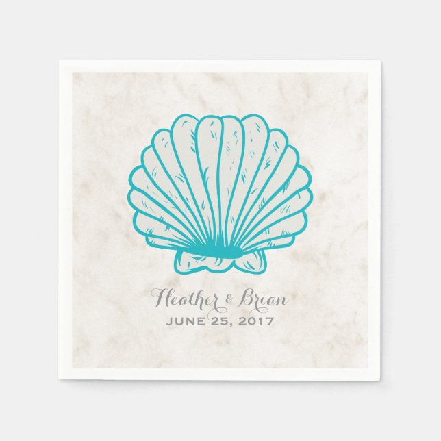 Turquoise Rustic Seashell Wedding Napkin (Front)