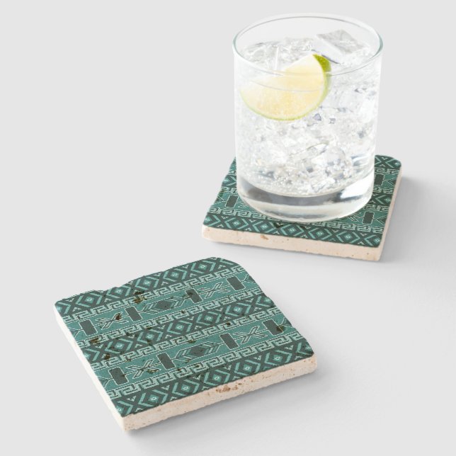 Turquoise Rustic Southwest Aztec Pattern Stone Coaster (Side)