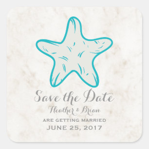 Turquoise Rustic Starfish Save the Date Square Sticker