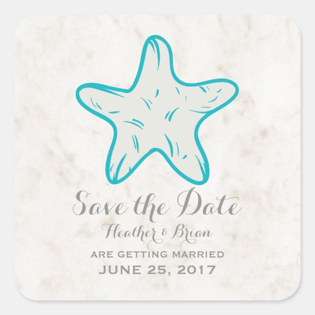 Turquoise Rustic Starfish Save the Date Square Sticker (Front)