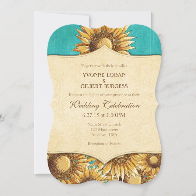 Turquoise Rustic Sunflower Wedding Invitation (Front)