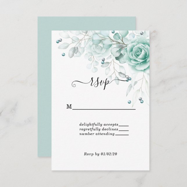 Turquoise sage greens Floral Wedding RSVP Card (Front/Back)