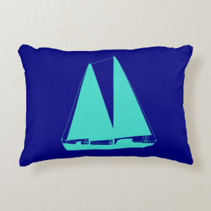 Turquoise Sailboat On Navy Blue Coastal Decor Decorative Cushion