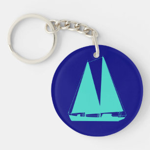Turquoise Sailboat On Navy Blue Coastal Decor Key Ring