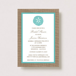 Turquoise Sand Dollar Beach Burlap Bridal Shower Invitation