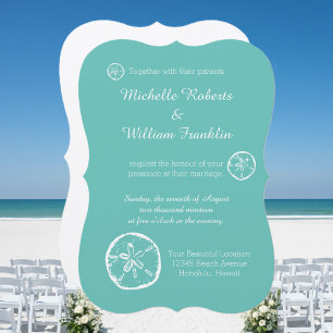 Turquoise sand dollar beach wedding invitations