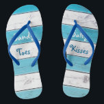 Turquoise Sandy Toes Salty Kisses Flip Flops<br><div class="desc">These cute flip flops are accented with the saying,  "Sandy Toes Salty Kisses" on a turquoise and white striped background,  making them a perfect wedding accessory for the bride or wedding favour for the tropical,  beach,  nautical or destination wedding. Scroll down to see the coordinating tank top.</div>