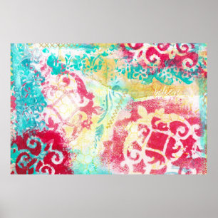 Turquoise & Scarlet Mixed Media Painting with Word Poster