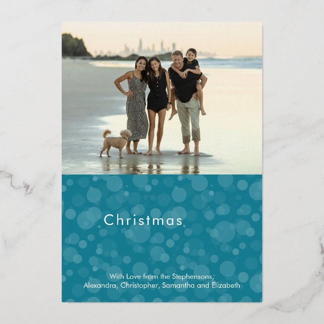 Turquoise Script Bokeh Merry Christmas Photo Foil Holiday Card (Front)