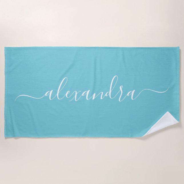 Turquoise script name beach towel (Front)