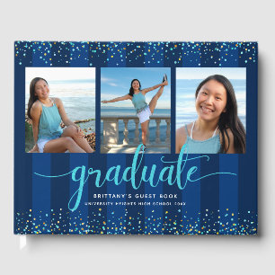 Turquoise script on navy graduation photo collage guest book