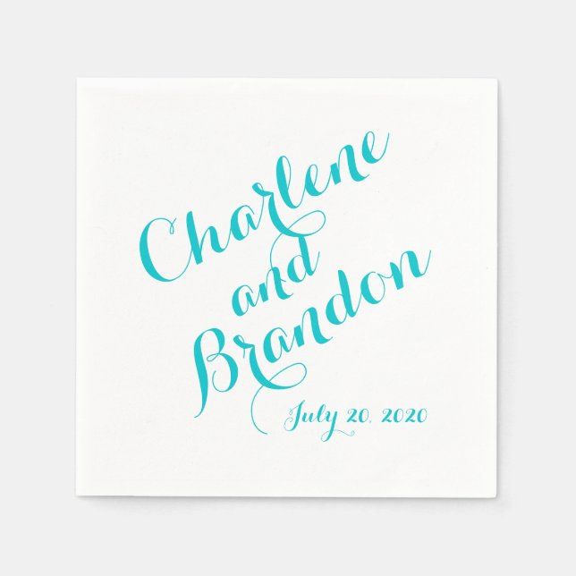 Turquoise Script Wedding Paper Napkins (Front)