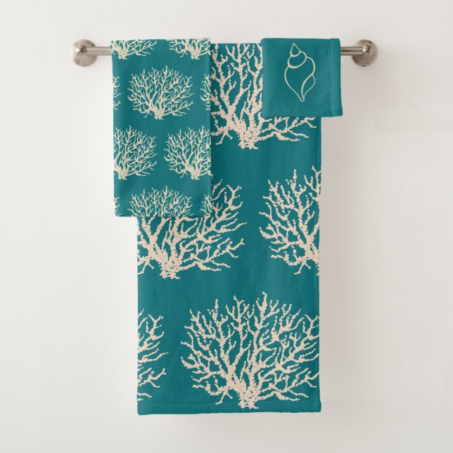 Turquoise Sea Coral Bathroom Towel Set (Insitu)