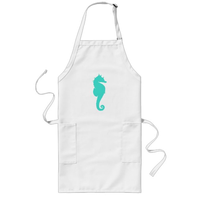 Turquoise Sea Horse on White Long Apron (Front)