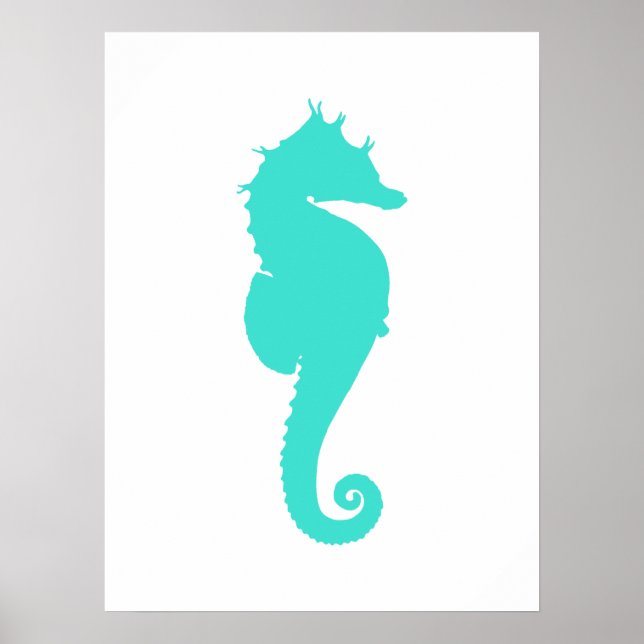 Turquoise Sea Horse on White Poster (Front)