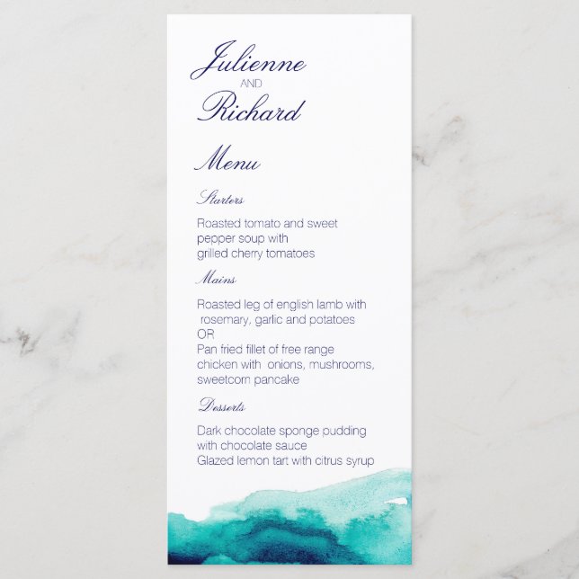 Turquoise Sea Teal Watercolor Wedding Menu (Front)