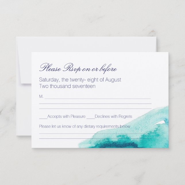 Turquoise Sea Teal Watercolor Wedding RSVP Card (Front)