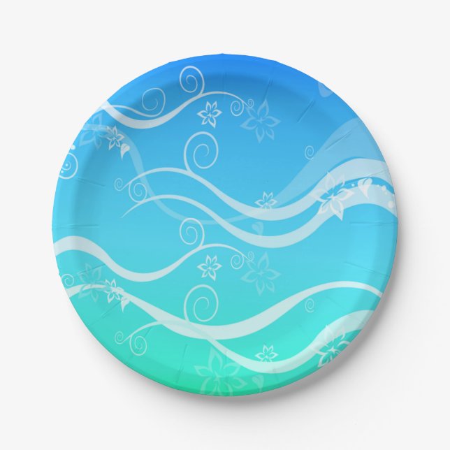 Turquoise Sea White Swirls Paper Plates (Front)