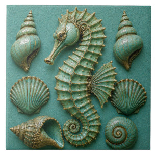 Turquoise Seahorse and Seashell Coastal Tile