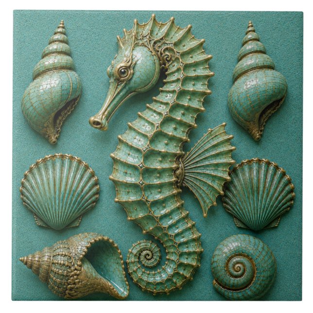 Turquoise Seahorse and Seashell Coastal Tile (Front)