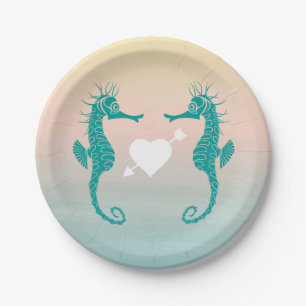 Turquoise Seahorse Blue Peach Beach Wedding Love Paper Plate