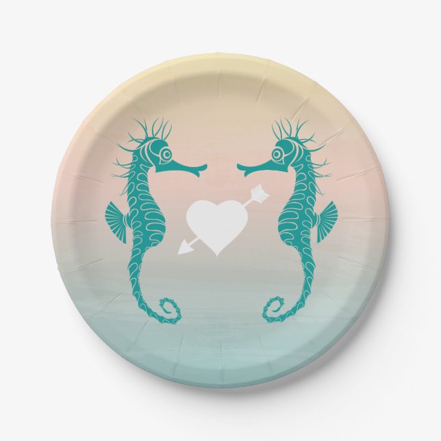 Turquoise Seahorse Blue Peach Beach Wedding Love Paper Plate (Front)