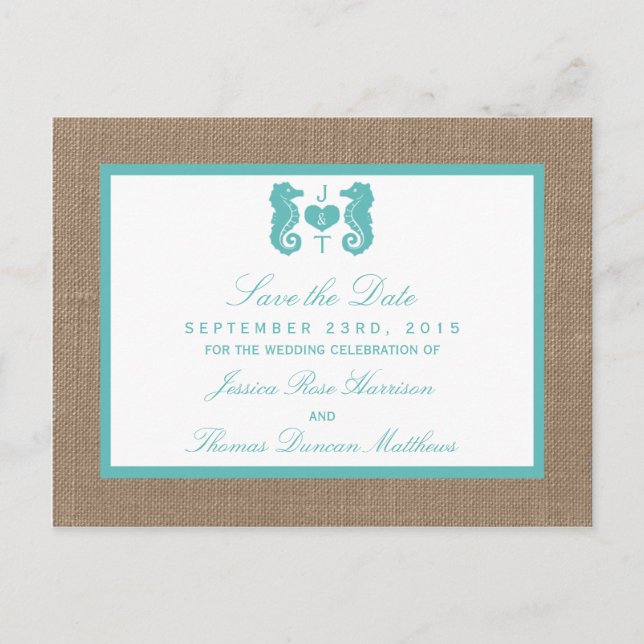 Turquoise Seahorse Burlap Beach Wedding Collection Announcement Postcard (Front)
