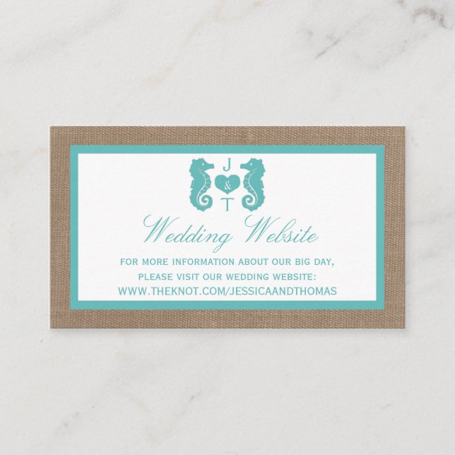 Turquoise Seahorse Burlap Beach Wedding Collection Enclosure Card (Front)