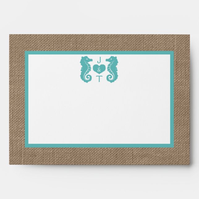 Turquoise Seahorse Burlap Beach Wedding Collection Envelope (Front)