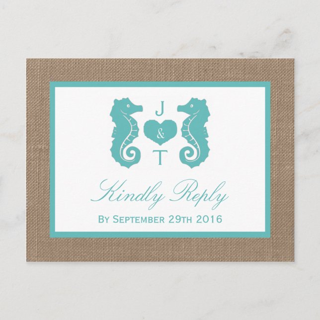 Turquoise Seahorse Burlap Beach Wedding Collection Invitation Postcard (Front)
