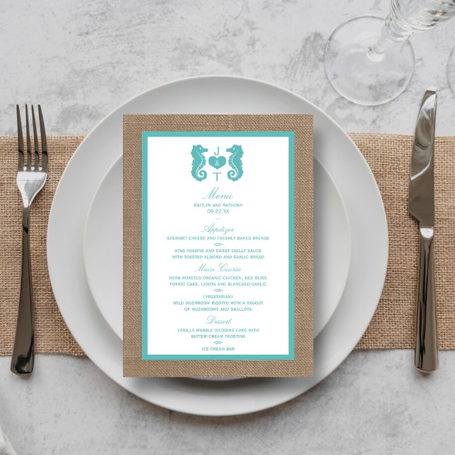 Turquoise Seahorse Burlap Beach Wedding Collection Menu (Creator Uploaded)