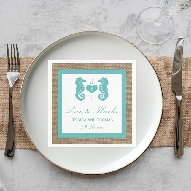 Turquoise Seahorse Burlap Beach Wedding Collection Napkin (Creator Uploaded)