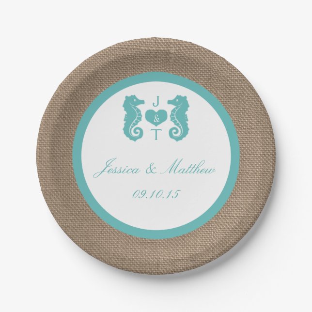 Turquoise Seahorse Burlap Beach Wedding Collection Paper Plate (Front)