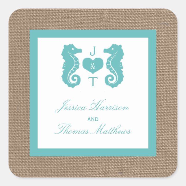 Turquoise Seahorse Burlap Beach Wedding Collection Square Sticker (Front)