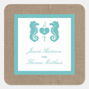 Turquoise Seahorse Burlap Beach Wedding Collection Square Sticker